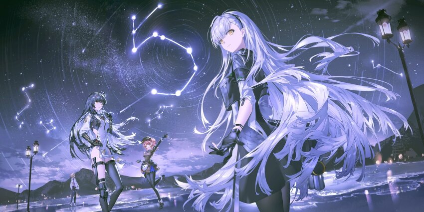 4girls aa-12_(girls&#039;_frontline) ak-alfa_(girls&#039;_frontline) black_hair blonde_hair cheeta_(girls&#039;_frontline_2) constellation constellation_request girls&#039;_frontline girls&#039;_frontline_2:_exilium highres lamppost libuqilai lind_(girls&#039;_frontline_2) long_hair looking_at_viewer mountainous_horizon mp7_(girls&#039;_frontline) multiple_girls orange_eyes pink_hair qbz-191_(girls&#039;_frontline) qiongjiu_(girls&#039;_frontline_2) short_hair sky star_(sky) starry_sky tololo_(girls&#039;_frontline_2) white_hair yellow_eyes