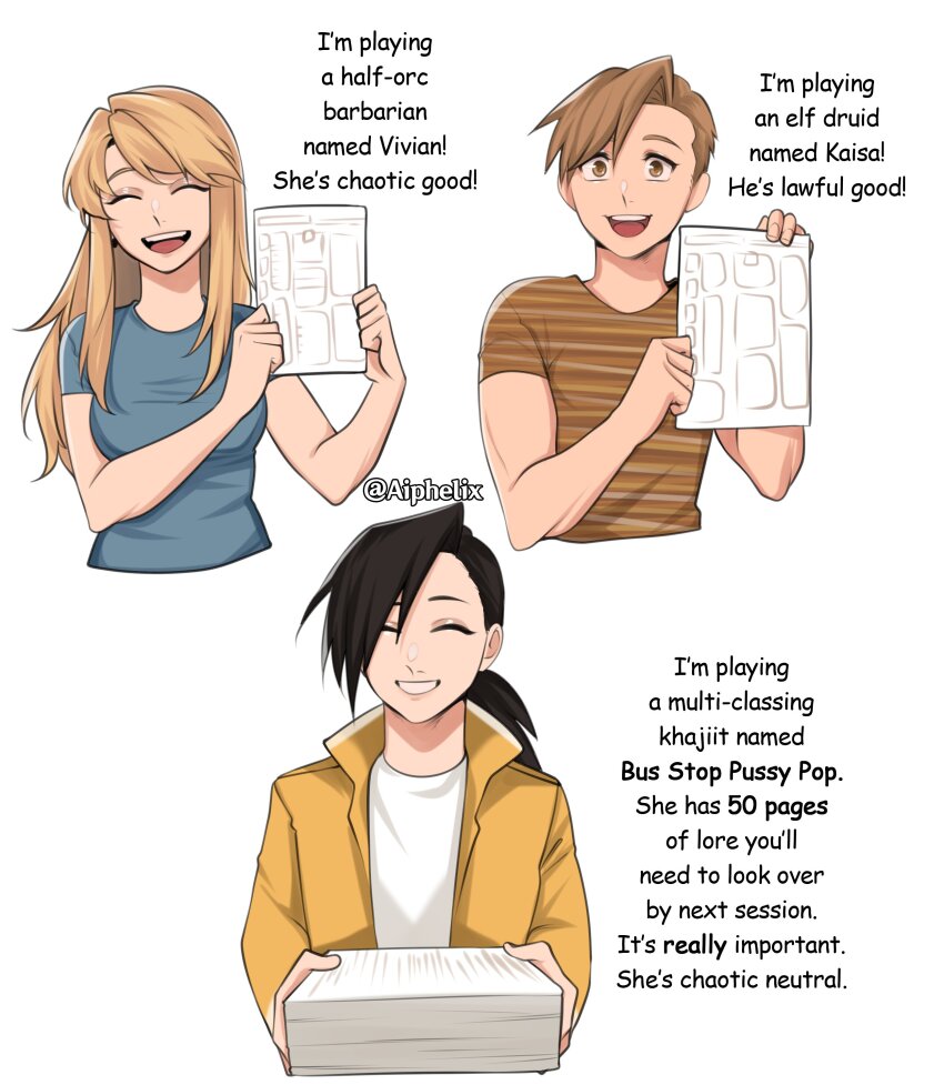 1girl 2boys absurdres aiphelix alphonse_elric alternate_costume alternate_universe black_hair blonde_hair blush closed_eyes english_text fullmetal_alchemist grey_shirt hair_over_one_eye happy highres holding holding_paper ling_yao long_hair looking_at_viewer multiple_boys open_mouth paper shirt short_hair simple_background smile striped_clothes striped_shirt t-shirt upper_body white_background winry_rockbell yellow_eyes yellow_shirt