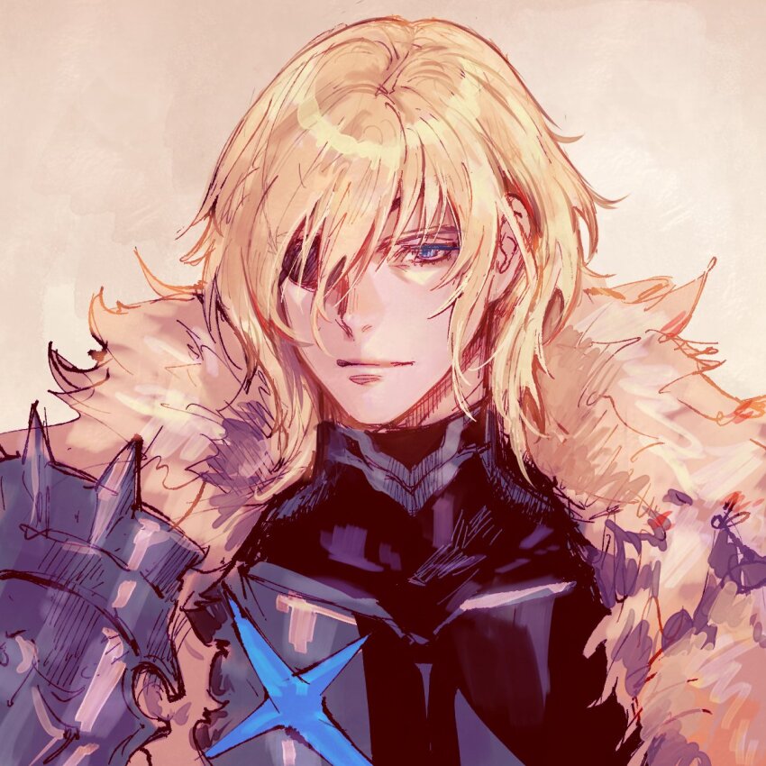 1boy armor black_armor blonde_hair blue_eyes breastplate closed_mouth commentary_request dimitri_alexandre_blaiddyd dimitri_alexandre_blaiddyd_(timeskip) eyepatch fire_emblem fire_emblem:_three_houses fur_trim hair_between_eyes highres kin_mokusei light_smile looking_at_viewer male_focus medium_hair nintendo one_eye_covered simple_background solo upper_body white_fur