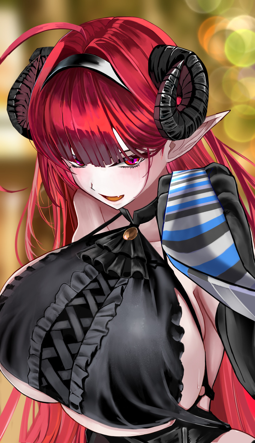 1girl absurdres ahoge azur_lane black_gloves black_horns breasts center_cross_lace clothing_cutout curled_horns demon_girl demon_horns gloves highres hindenburg_(azur_lane) horns large_breasts long_hair open_mouth pointy_ears red_eyes red_hair solo underboob_cutout upper_body very_long_hair waizumi_(vestineislancer)