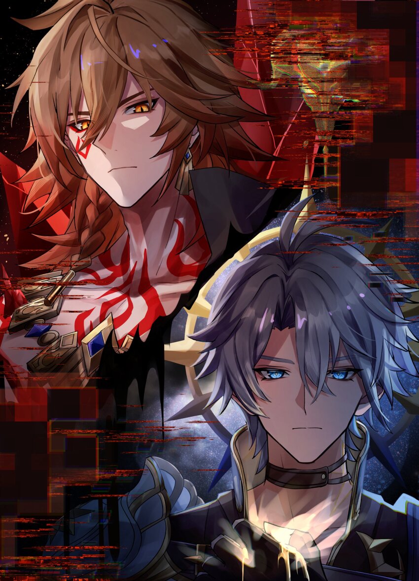 2boys absurdres antenna_hair armor black_choker black_coat black_shirt blonde_hair blue_eyes braid chest_tattoo choker coat earrings facial_tattoo gold_earrings gold_necklace gradient_hair hair_between_eyes halo halo_behind_head hand_on_own_chest hashtag-only_commentary highres honkai:_star_rail honkai_(series) jewelry looking_at_viewer male_focus medium_hair monyo_ex multicolored_hair multiple_boys mydei_(honkai:_star_rail) necklace open_clothes open_coat parted_bangs pauldrons phainon_(honkai:_star_rail) red_hair red_tattoo shirt short_hair shoulder_armor side_braid single_pauldron tattoo white_hair yellow_blood yellow_eyes