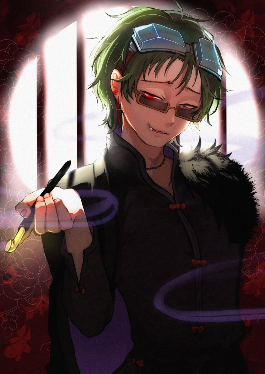 1boy alternate_costume black_hair fang glasses gnosia goggles green_hair highres jacket jewelry koyuuuuuuuuuuu long_sleeves looking_at_viewer male_focus necklace sha-ming shirt short_hair smile solo upper_body