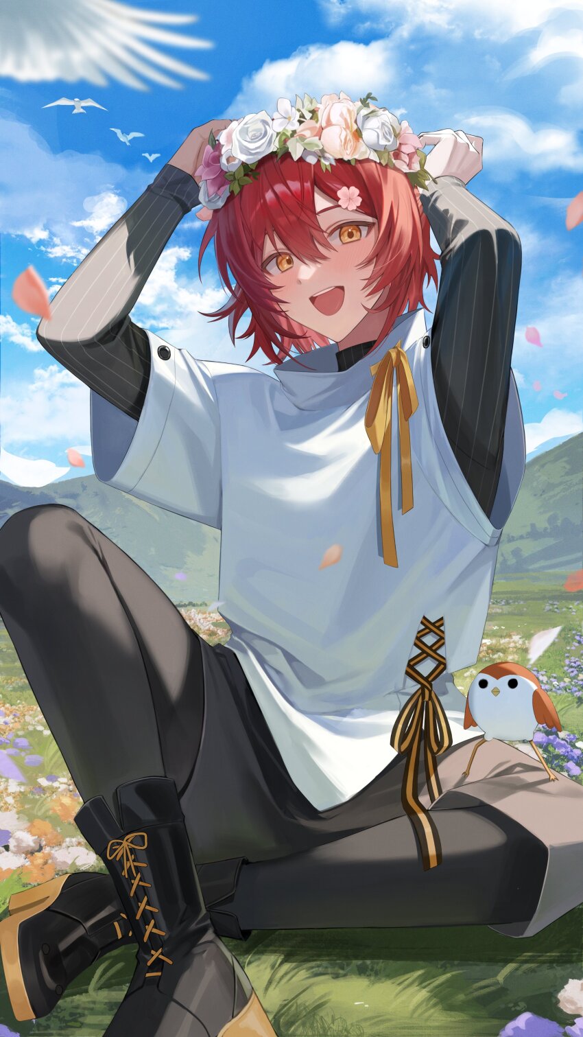 1boy absurdres arms_up bird black_leggings black_shoes black_shorts black_undershirt blue_sky boots chap_yun cloud cloudy_sky crossed_ankles field flower flower_field grass hair_between_eyes hanasaki_miyabi hanasaki_miyabi_(1st_costume) head_wreath highres holostars kyomu_suzume lace-up_boots leggings male_focus mountainous_horizon outdoors red_hair ribbon shirt shoes short_hair shorts sitting sky smile solo teeth upper_teeth_only white_shirt yellow_eyes yellow_ribbon