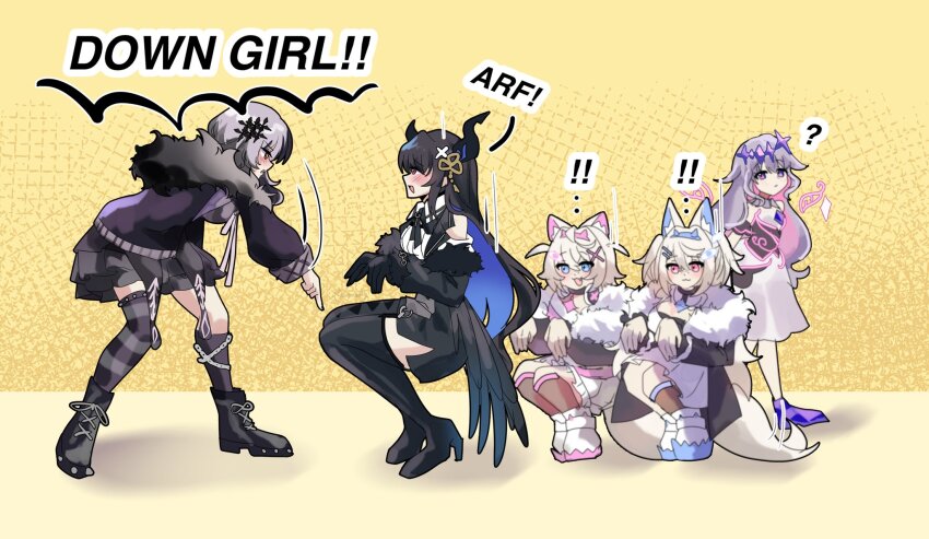 ! !! 5girls :d ? animal_ear_fluff animal_ears asymmetrical_horns black_boots black_choker black_hair black_jacket black_ribbon black_shoes black_skirt black_thighhighs blue_hair blue_hairband blush boots chest_jewel choker circlet coat colored_inner_hair colored_shoe_soles commentary demon_horns dog_ears dog_girl down_boy!!_(meme) dress english_commentary english_text from_side full_body fur-trimmed_coat fur_collar fur_trim fuwawa_abyssgard fuwawa_abyssgard_(1st_costume) grey_hair hairband headphones headphones_around_neck highres holoadvent hololive hololive_english horns jabberwock_(black_souls) jacket koseki_bijou koseki_bijou_(1st_costume) long_hair long_sleeves looking_at_another meme mococo_abyssgard mococo_abyssgard_(1st_costume) multicolored_hair multiple_girls neck_ribbon nerissa_ravencroft nerissa_ravencroft_(1st_costume) open_mouth pink_hairband pochaimo pointing pointing_down profile purple_eyes purple_hair red_eyes ribbon shiori_novella shiori_novella_(1st_costume) shoes short_hair siblings single_thighhigh sisters skirt smile split-color_hair squatting striped_clothes striped_thighhighs thigh_boots thighhighs two-tone_hair virtual_youtuber white_dress white_shoes yellow_background yellow_eyes yuri