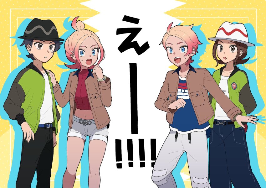 2boys 2girls ahoge arms_behind_back black_eyes black_hair black_pants blue_eyes blue_shirt brown_eyes commentary_request hair_bun harmony_(pokemon) hat highres jacket looking_at_another midriff multiple_boys multiple_girls navel nintendo nisanrei121 open_clothes open_jacket pants paxton_(pokemon) pink_hair pocket pokemon pokemon_legends:_z-a shirt short_hair shorts single_hair_bun sweatdrop taunie_(pokemon) translation_request urbain_(pokemon) white_hat white_pants white_shorts