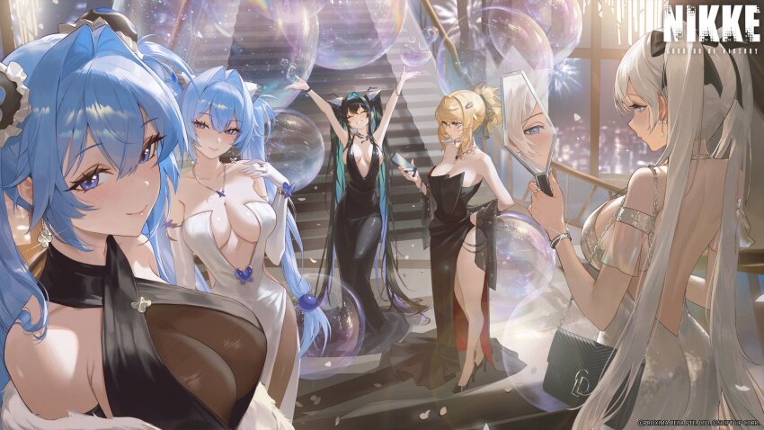 5girls abe_(nikke) alternate_costume aqua_hair arms_up artist_request backless_dress backless_outfit bag bare_shoulders black_dress black_hair black_shoes blonde_hair blue_eyes blue_hair blush breasts bubble bun_cover cellphone cinderella_(nikke) cleavage cleavage_cutout closed_eyes closed_mouth clothing_cutout cocktail_dress colored_inner_hair commentary criss-cross_halter double-parted_bangs double_bun dress elbow_gloves english_commentary feather_boa fireworks gloves goddess_of_victory:_nikke gretel_(nikke) grin hair_between_eyes hair_bun hair_intakes halterneck hand_mirror hand_on_own_hip hand_on_own_shoulder handbag hansel_(nikke) high_heels highres holding holding_mirror holding_phone indoors jewelry large_breasts little_mermaid_(nikke) logo long_hair looking_at_mirror looking_at_viewer medium_breasts mirror multicolored_hair multiple_girls necklace official_art old_tales_(nikke) party phone plunging_neckline ponytail reflection second-party_source shoes siblings side_slit sisters sleeveless sleeveless_dress smartphone smile stairs standing strapless strapless_dress twins twintails very_long_hair watermark white_background white_dress white_gloves white_hair window