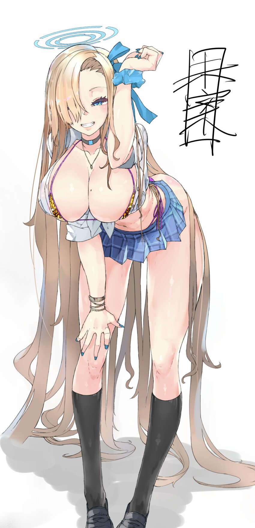 1girl absurdres animal_print arms_up ass asuna_(blue_archive) bent_over black_thighhighs blue_archive blue_eyes blue_halo blue_nails blush bow breasts collarbone hair_ornament hair_over_one_eye hair_over_shoulder halo hand_on_own_thigh highres large_breasts leopard_print light_brown_hair long_hair looking_at_viewer mian microskirt miniskirt mole mole_on_breast nail_polish open_mouth shadow simple_background skirt smile solo thighhighs very_long_hair white_background wristband