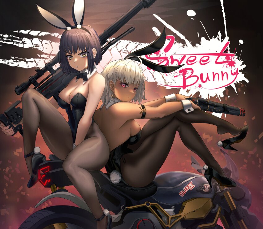 2girls absurdres ahoge alternate_costume animal_ears bare_shoulders black_footwear black_hair black_leotard black_nails black_pantyhose bob_cut bow bowtie breasts brown_pantyhose cleavage closed_mouth commentary dark-skinned_female dark_skin detached_collar english_commentary english_text fake_animal_ears fake_tail from_side full_body goddess_of_victory:_nikke gun high_heels highres holding holding_gun holding_weapon leotard looking_at_viewer looking_to_the_side milk_(nikke) motor_vehicle motorcycle multiple_girls pantyhose playboy_bunny rabbit_ears rabbit_tail rail_(weapon) red_eyes rifle scope serious short_hair shotgun sitting sniper_rifle strapless strapless_leotard sugar_(nikke) syde_b tail weapon white_hair wrist_cuffs