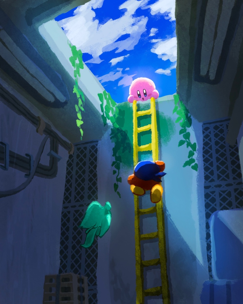 abandoned aruco_co bandana bandana_waddle_dee blue_bandana blue_eyes blue_sky climbing_ladder cloud elfilin floating highres kirby kirby_(series) kirby_and_the_forgotten_land ladder looking_at_another looking_down moss nintendo no_humans open_mouth plant sky tail vines