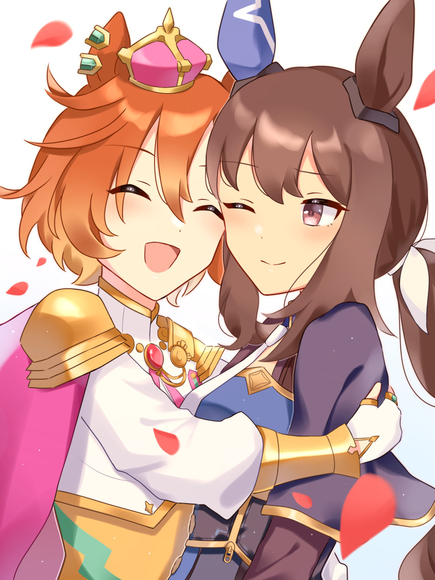 2girls :d ^_^ admire_vega_(umamusume) animal_ears armor brown_hair cape chain closed_eyes closed_mouth commentary_request cropped_shirt crown ear_covers ear_ornament falling_petals fingerless_gloves gloves gold_armor gold_chain gold_necklace happy heads_together highres horse_ears horse_girl hug jewelry long_hair long_sleeves mini_crown moe_(lmi84) multiple_girls neck_ribbon necklace one_eye_closed open_mouth orange_hair pauldrons petals pink_cape pink_ribbon ponytail red_eyes ribbon shirt short_hair shoulder_armor single_ear_cover smile t.m._opera_o_(umamusume) umamusume upper_body vambraces white_gloves white_shirt