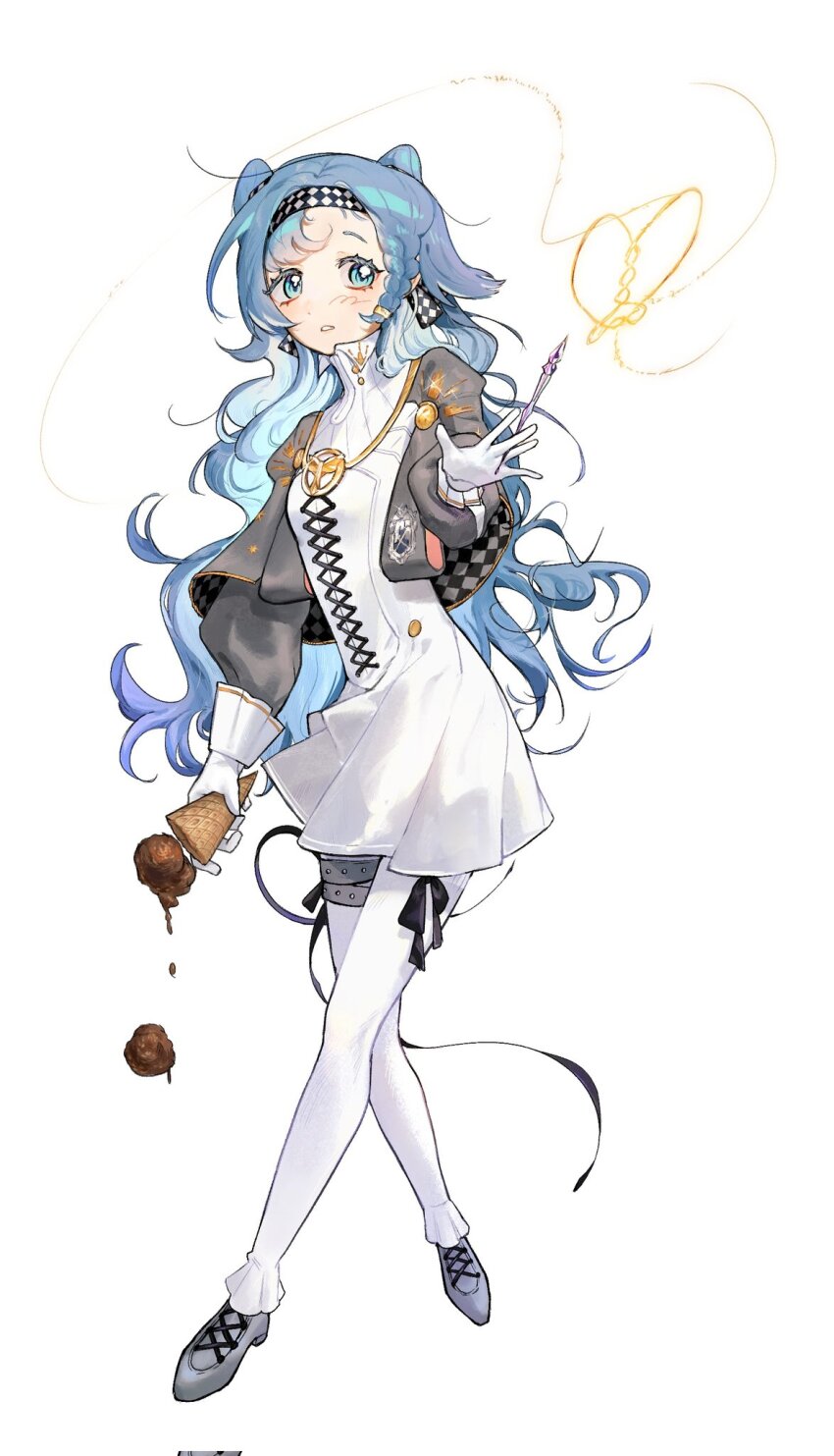 1girl 37_(reverse:1999) alternate_hairstyle asymmetrical_bangs between_fingers blue_eyes blue_hair checkered_hairband collared_dress cosplay crossed_legs drawing_on_air dress dropping food full_body glass_pen gloves grey_cloak grey_shoes grey_sleeves hairband hibissukssurussuk high_collar highres hofmann_knot holding holding_food holding_ice_cream holding_pen ice_cream long_hair looking_at_viewer outstretched_arm pants pants_under_dress parted_lips pen reverse:1999 shoes short_dress solo sonetto_(reverse:1999) sonetto_(reverse:1999)_(cosplay) standing two_side_up very_long_hair white_background white_dress white_gloves white_pants