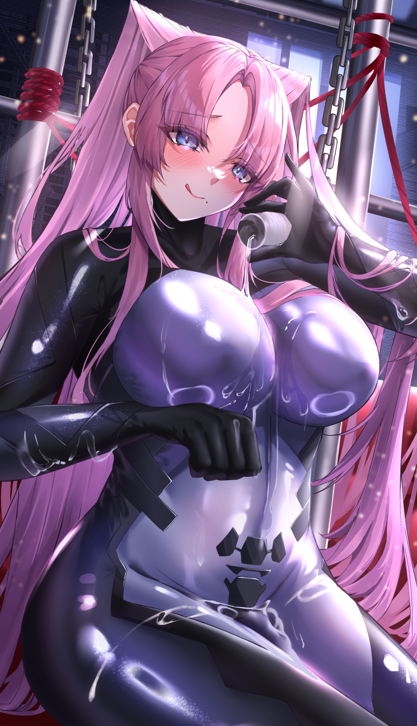 1girl absurdres black_gloves blue_eyes bodysuit breasts character_request gloves highres huge_breasts impossible_bodysuit impossible_clothes kirisamede_gzr koihime_musou long_hair pink_hair pouring pouring_onto_self purple_bodysuit sitting solo very_long_hair