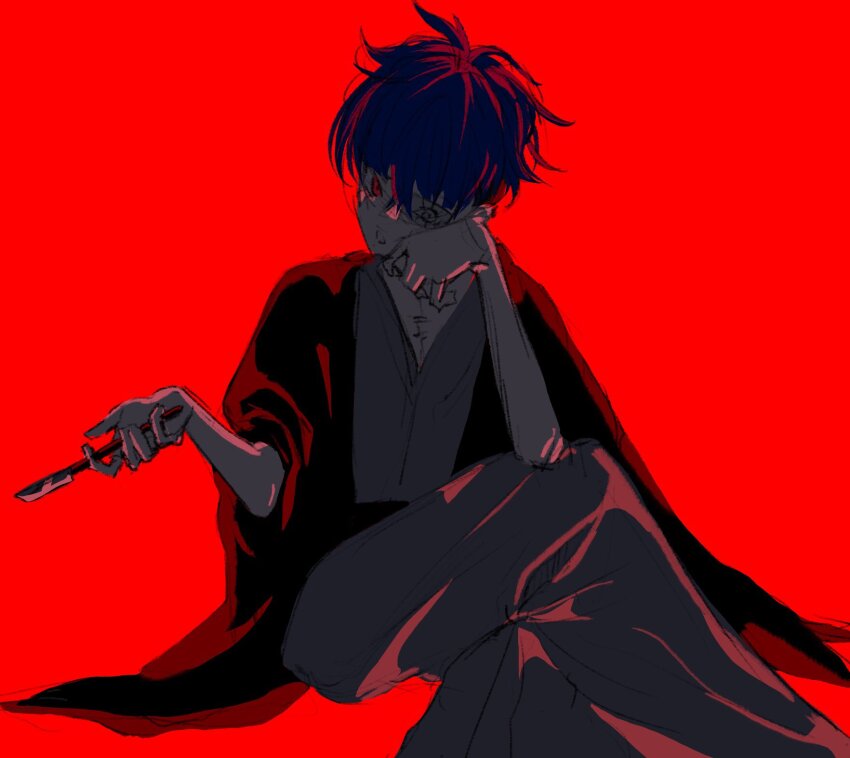1boy blue_hair crossed_legs eyepatch hair_between_eyes hand_up highres holding_scalpel japanese_clothes male_focus messy_hair omokage_yugamu one_eye_covered open_mouth red_background simple_background sitting solo solo_focus the_hundred_line_-last_defense_academy-