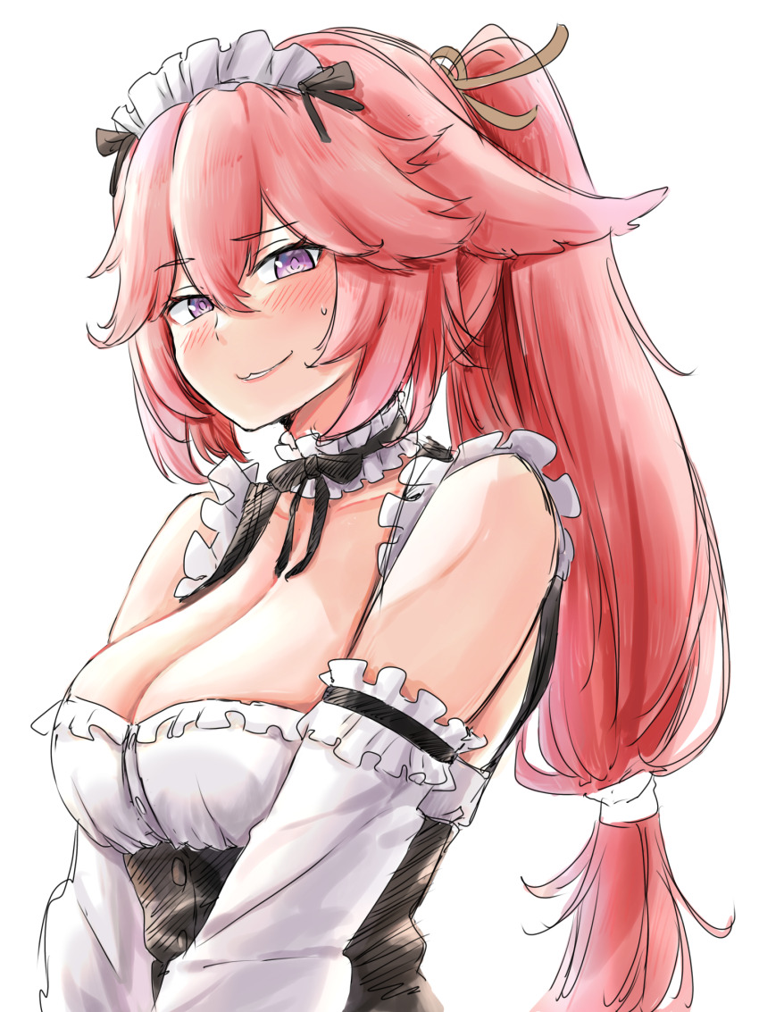 1girl alternate_costume alternate_hairstyle animal_ears bare_shoulders blush breasts choker cleavage commentary_request detached_sleeves double-parted_bangs floppy_ears flustered fox_ears frilled_choker frills genshin_impact hair_between_eyes high_ponytail highres large_breasts long_hair looking_at_viewer low-tied_long_hair maid_headdress parted_lips pink_hair plunging_neckline ponytail purple_eyes simple_background solo square_neckline tama_(tamathersky) upper_body v_arms very_long_hair white_background yae_miko