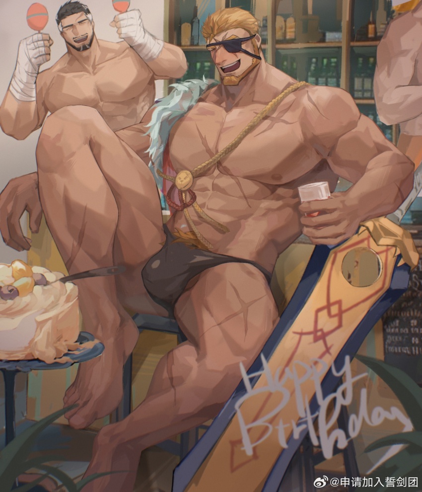 2boys alcohol bandaged_hand bandages bar_(place) bara beard blonde_hair blush bulge cake cape chair drink eyepatch facial_hair food fur_cape gyee happy_birthday highres holding holding_instrument holding_maracas huge_weapon instrument looking_at_viewer male_focus manly maracas markus_(gyee) mature_male multiple_boys muscular muscular_arms muscular_legs muscular_male nipples no_pants nose_blush on_chair pubic_hair scar short_hair signature sitting smile spread_legs sword takashi_(gyee) teeth thick_eyebrows thighs thong topless_male watermark weapon weibo_7811394459 weibo_watermark whiskey yellow_eyes