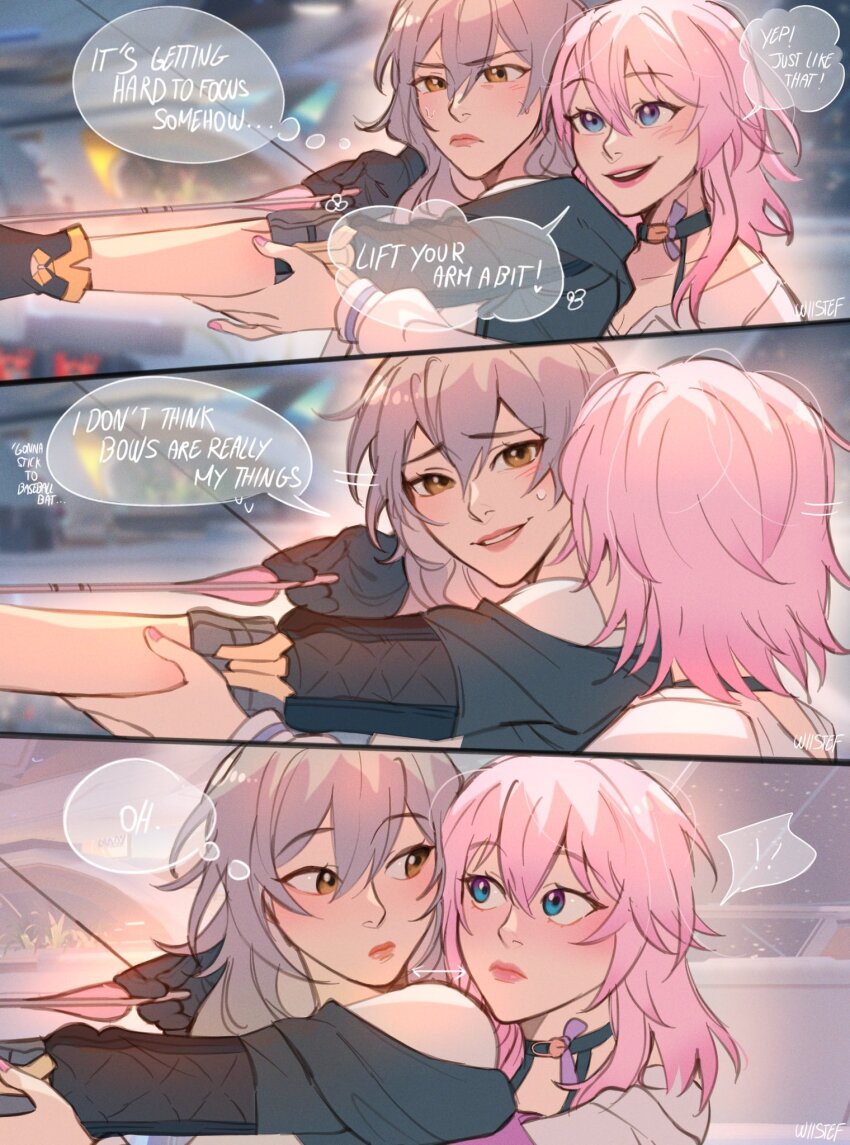 ! !! 2girls arrow_(projectile) arrow_(symbol) blush bow_(weapon) drawing_bow english_text gloves highres holding holding_bow_(weapon) holding_weapon honkai:_star_rail honkai_(series) march_7th_(honkai:_star_rail) march_7th_(preservation)_(honkai:_star_rail) multiple_girls parted_lips pink_hair speech_bubble stelle_(honkai:_star_rail) teeth thought_bubble trailblazer_(honkai:_star_rail) weapon wiistef yuri