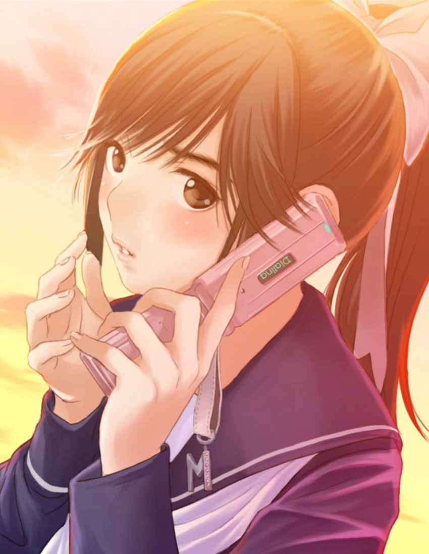 1girl black_eyes black_hair blue_sailor_collar blue_serafuku blush bow cellphone cellphone_charm charm_(object) cloud commentary_request evening flip_phone gradient_sky hair_bow hair_ribbon hands_up highres holding holding_phone long_sleeves looking_at_viewer love_plus neckerchief official_art open_mouth orange_sky outdoors parted_lips phone pink_lips pink_sky ponytail portrait ribbon sailor_collar school_uniform serafuku sky solo takane_manaka talking_on_phone twilight upper_body white_bow white_neckerchief white_ribbon winter_uniform