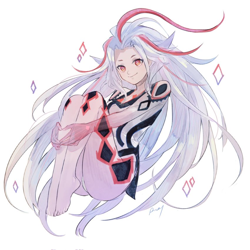1girl ai_the_somnium_files aiba_(ai_the_somnium_files) ass aubz barefoot bodysuit commentary commission english_commentary floating full_body highres hugging_own_legs long_hair looking_at_viewer multicolored_hair red_eyes red_hair second-party_source simple_background smile solo sparkle streaked_hair very_long_hair white_background white_bodysuit