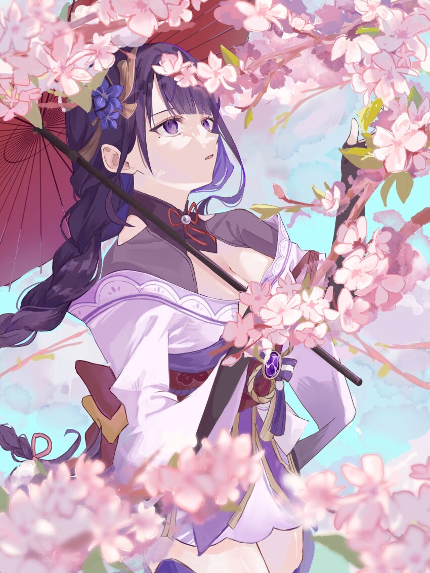 1girl back_bow blue_sky blunt_bangs blurry blurry_background bow braid breasts bridal_gauntlets cherry_blossoms cleavage clothing_cutout commentary_request depth_of_field electro_symbol_(genshin_impact) fan_hair_ornament flower flower_ornament from_side genshin_impact hair_ornament hair_ribbon highres japanese_clothes kimono large_breasts long_braid long_hair mitsudomoe_(shape) mole mole_under_eye neck_ribbon o_ov13s off_shoulder open_mouth outdoors pink_ribbon purple_eyes purple_flower purple_hair purple_kimono purple_thighhighs raiden_shogun red_ribbon red_sash ribbon sash shade shoulder_cutout single_braid sky solo standing thighhighs tomoe_(symbol) tree tree_shade upper_body