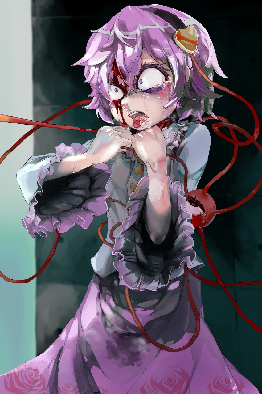 1girl absurdres asphyxiation beaten black_hairband blood blood_on_face bruise bruise_on_face bruised_eye commentary_request commission constricted_pupils crying floral_print foaming_at_the_mouth hairband heart highres injury kombu_wa_eiyou komeiji_satori long_skirt open_mouth pee_stain peeing peeing_self purple_eyes purple_hair purple_skirt saliva short_hair skeb_commission skirt snot solo strangling streaming_tears tears third_eye tongue tongue_out touhou wet wet_clothes