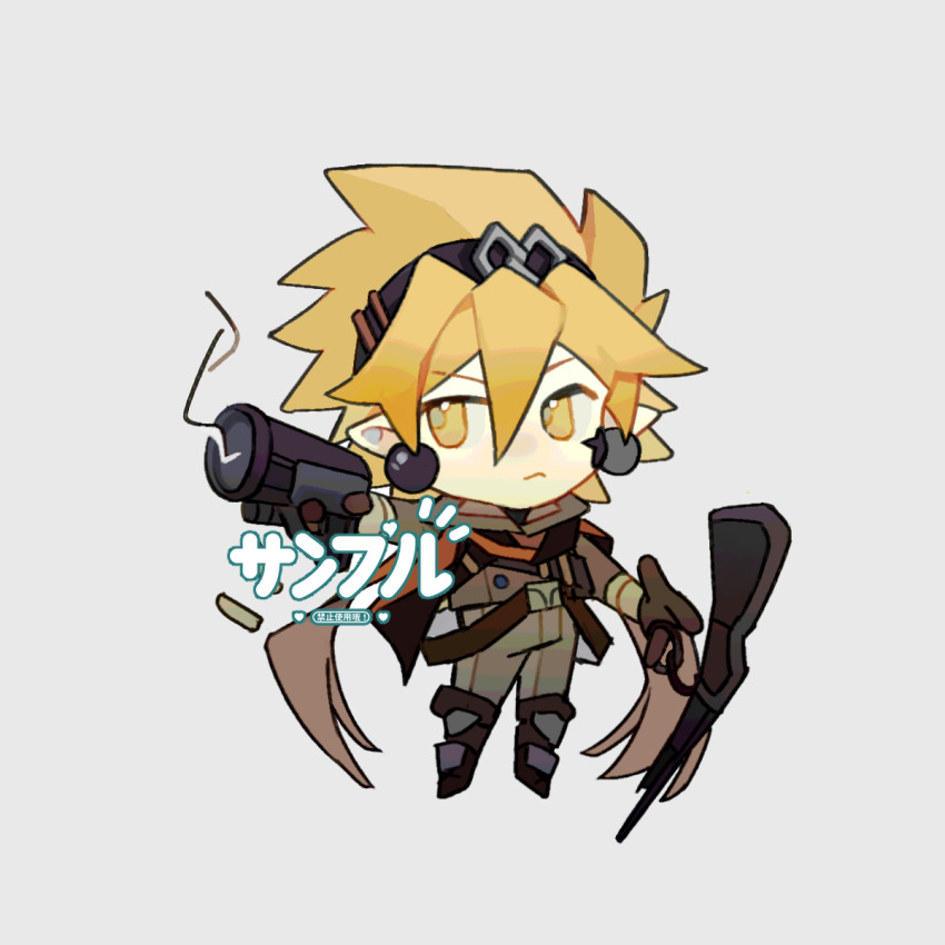 1boy :&lt; aotu_world black_boots black_gloves black_hairband blonde_hair boots brown_jacket chibi chibi_only chinese_commentary chuanhua closed_mouth commentary_request commission earrings frown gloves godrose_(aotu_world) grey_background grey_pants gun hair_between_eyes hairband highres holding holding_gun holding_weapon jacket jewelry long_sleeves male_focus pants pointy_ears sample_watermark short_hair simple_background solo spiked_hair v-shaped_eyebrows watermark weapon yellow_eyes