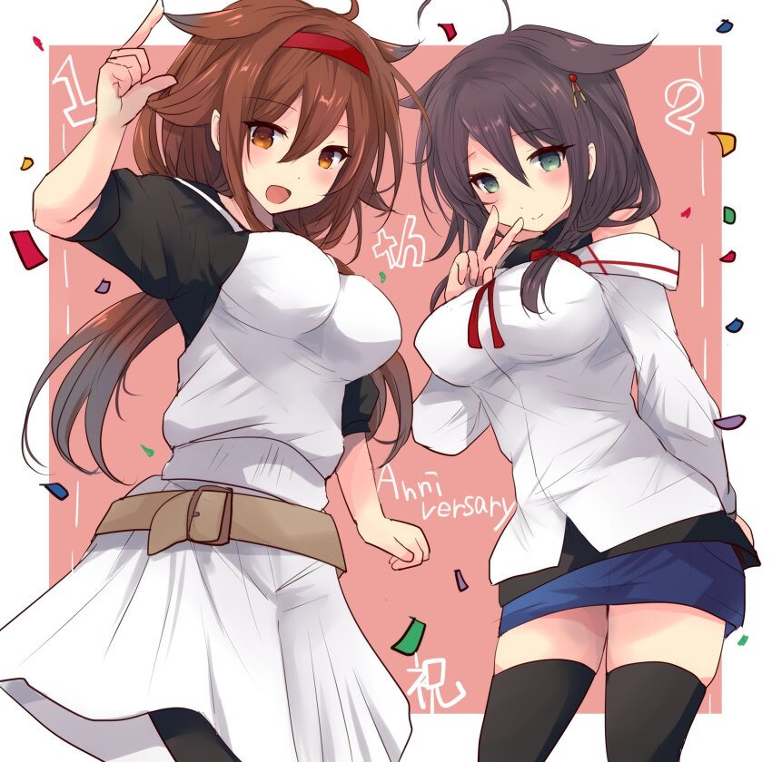 2girls absurdres ahoge anniversary belt black_hair black_shirt black_thighhighs blue_eyes blue_skirt braid breasts brown_eyes brown_hair denim denim_skirt dress hair_flaps hair_over_shoulder hairband highres hirune_(konekonelkk) index_finger_raised kantai_collection layered_shirt long_hair long_sleeves looking_at_viewer low_twintails medium_breasts multiple_girls off-shoulder_shirt off_shoulder official_alternate_costume pencil_skirt pink_background red_hairband shigure_(kancolle) shigure_(sasebo_2019)_(kancolle) shigure_(saury_festival)_(kancolle) shigure_kai_ni_(kancolle) shiratsuyu_(autumn)_(kancolle) shiratsuyu_(kancolle) shiratsuyu_kai_ni_(kancolle) shirt single_braid skirt thighhighs twintails v white_dress white_shirt