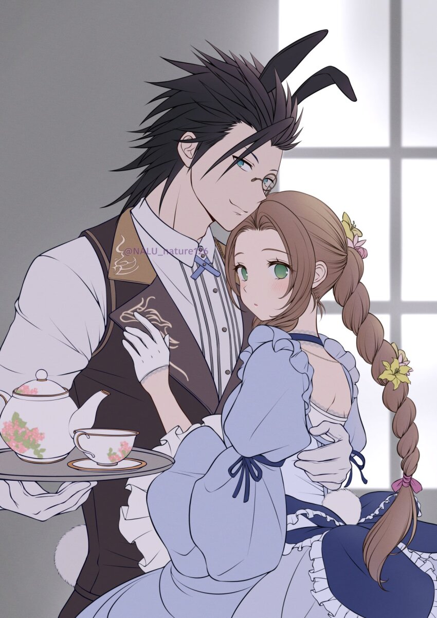 1boy 1girl aerith_gainsborough aerith_gainsborough_(classic_coney) animal_ears black_hair blue_dress blue_eyes blue_ribbon blush braid braided_ponytail brown_hair brown_vest closed_mouth collared_shirt commentary_request couple dress easter final_fantasy final_fantasy_vii final_fantasy_vii_ever_crisis flower frilled_dress frilled_sleeves frills gloves green_eyes hair_flower hair_ornament hand_on_another&#039;s_back hand_on_another&#039;s_chest heads_together height_difference highres holding holding_plate hug indoors looking_at_viewer nalu official_alternate_costume parted_bangs plate rabbit_ears rabbit_tail ribbon shirt smile spiked_hair tail twitter_username upper_body vest white_gloves white_shirt window yellow_flower zack_fair zack_fair_(bunny_butler)
