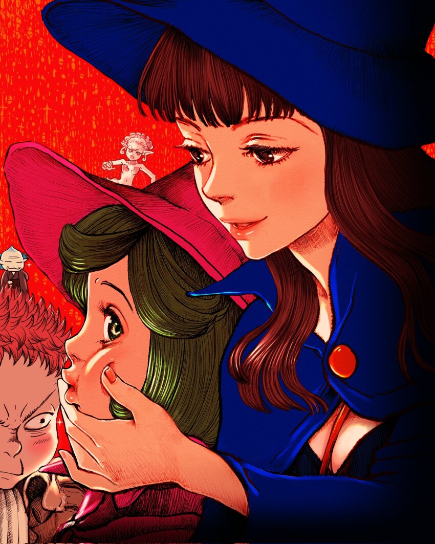 2boys 3girls angry arm_behind_back berserk blue_hair blue_headwear blush brown_eyes brown_hair closed_eyes closed_mouth corrupted_twitter_file cosplay evarella_(berserk) grabbing_another&#039;s_chin grabbing_from_behind green_eyes green_hair hand_on_another&#039;s_chin hat highres isidro_(berserk) long_hair looking_at_another medium_hair morda multiple_boys multiple_girls nisino2222 open_mouth orange_hair parted_lips pink_eyes pink_hair pointy_ears puck_(berserk) purple_headwear raised_eyebrows red_background schierke_(berserk) short_hair smile standing standing_on_another&#039;s_head star_wars witch witch_hat yoda yoda_(cosplay)