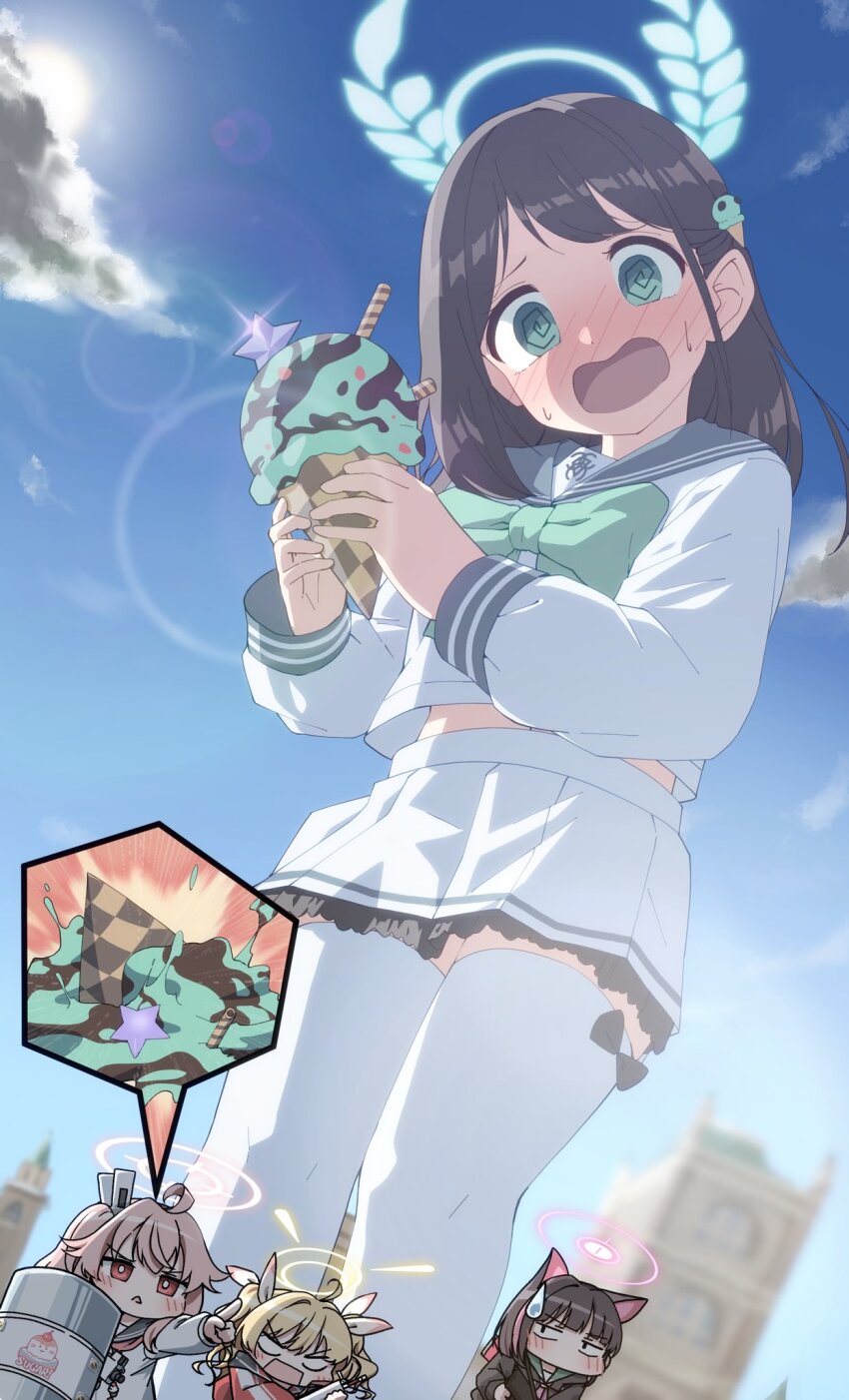 4girls after-school_sweets_club_(blue_archive) ahoge airi_(blue_archive) animal_ears black_hair blonde_hair blue_archive blue_sailor_collar cardigan cat_ears commission food frilled_skirt frills giant giantess green_eyes green_halo halo highres holding holding_food holding_ice_cream holding_ice_cream_cone holding_shield ice_cream ice_cream_cone jacket kazusa_(blue_archive) long_hair long_sleeves midriff_peek miniskirt mint_chocolate mint_chocolate_(razschi) multicolored_hair multiple_girls natsu_(blue_archive) open_mouth outdoors pink_hair pink_halo red_eyes red_jacket sailor_collar sailor_shirt school_uniform serafuku shield shirt short_hair side_ponytail size_difference skeb_commission skirt standing sweatdrop thighhighs twintails two-tone_hair unadon_(unadoom) white_cardigan white_serafuku white_shirt white_skirt yoshimi_(blue_archive) zettai_ryouiki