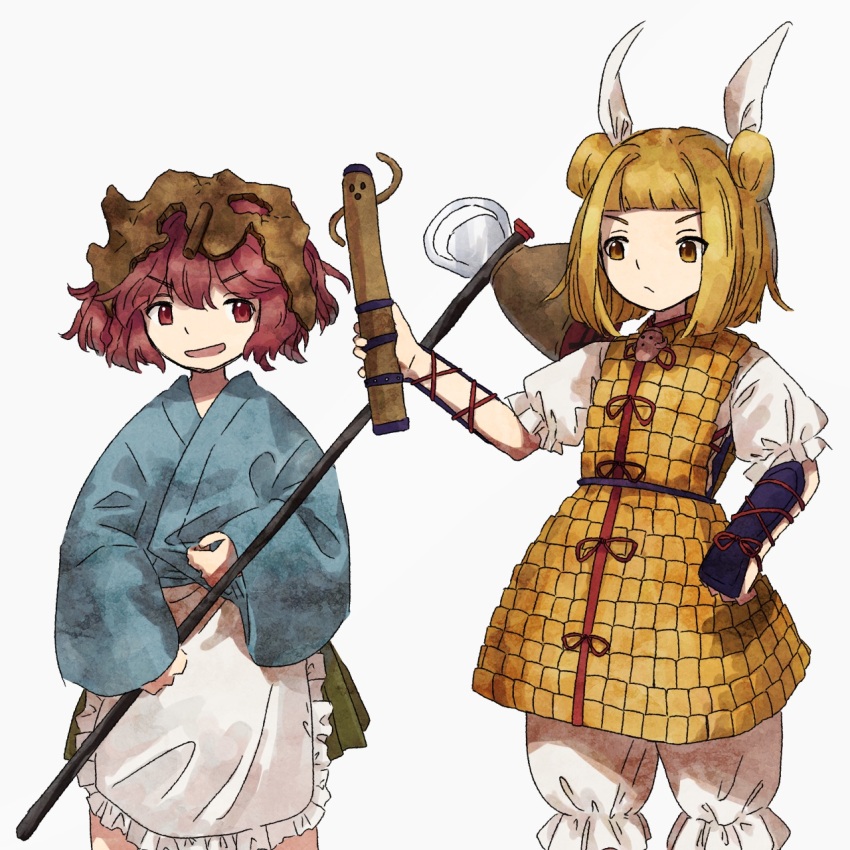 1girl 1other androgynous armor blonde_hair crossover double_bun hair_bun hair_ribbon haniwa_(statue) helmet highres holding japanese_clothes joutouguu_mayumi katano_sukune katano_sukune&#039;s_bottle_opener len&#039;en puffy_short_sleeves puffy_sleeves red_eyes red_hair retrochaossan ribbon short_hair short_sleeves stage_connection touhou trait_connection vambraces
