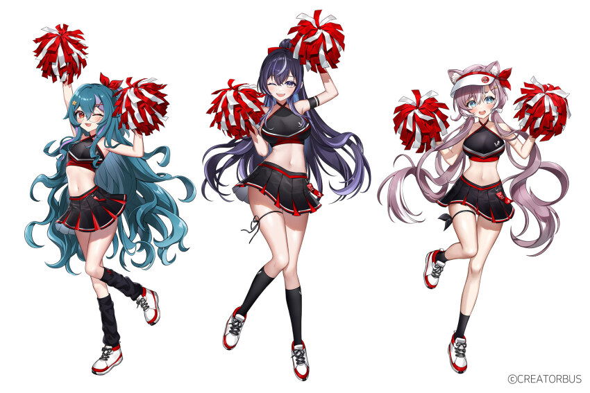 3girls animal_ears arm_up armband armpits arms_up bare_arms bare_shoulders black_shirt black_skirt black_socks blue_eyes blue_hair bow breasts brown_hair cheerleader crop_top glasses hair_bow hair_ribbon hand_up hands_up hibiwa highres holding holding_pom_poms kneehighs large_breasts limi_(v-lup) long_hair looking_at_viewer low_twintails midriff miniskirt multiple_girls navel noi_(v-lup) one_eye_closed open_mouth pleated_skirt pom_pom_(cheerleading) pom_poms ponytail raz_(v-lup) red_eyes ribbon round_eyewear shirt shoes simple_background skirt sleeveless sleeveless_shirt small_breasts smile socks stomach thighs twintails v-lup very_long_hair visor_cap white_background white_shoes