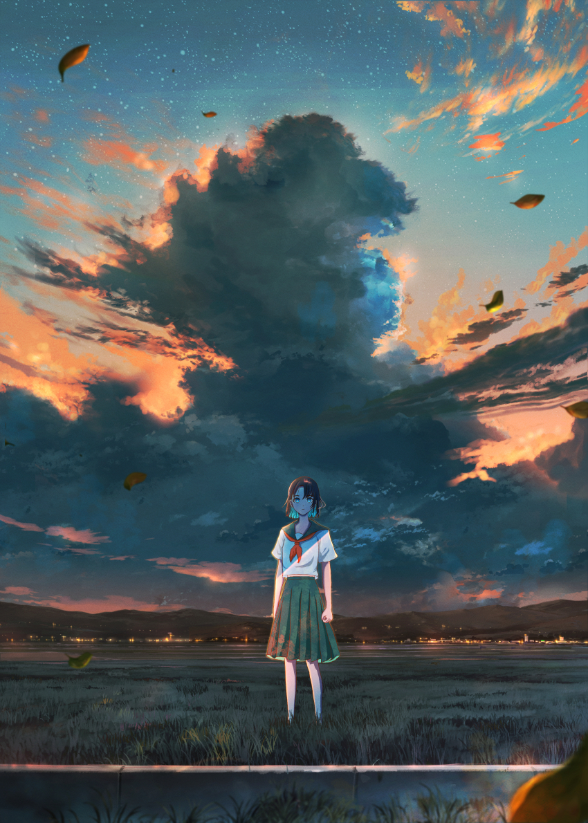 1girl absurdres apuchi_tochi aqua_eyes aqua_hair black_hair black_sailor_collar blue_sky city_lights clenched_hand cloud colored_inner_hair cumulonimbus_cloud evening falling_leaves fantasy field green_skirt highres leaf looking_at_viewer multicolored_hair orange_sky original outdoors sailor_collar scenery shirt short_sleeves skirt sky standing star_(sky) summer two-tone_hair white_shirt
