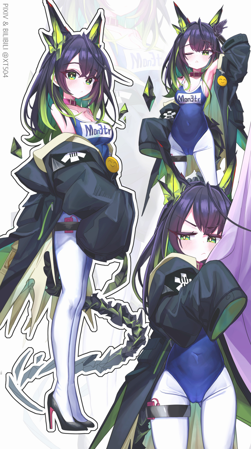 1girl :&lt; absurdres arknights arm_up black_hair black_jacket black_shoes blue_one-piece_swimsuit breasts cameltoe character_name chinese_commentary cleavage collar colored_inner_hair commentary_request covered_navel curtains expressionless frown full_body green_eyes green_hair high_heels highres jacket looking_at_viewer mon3tr_(arknights) multicolored_hair multiple_views name_tag one-piece_swimsuit pantyhose pink_collar school_swimsuit shoes sleeves_past_fingers sleeves_past_wrists streaked_hair sweatdrop swimsuit tail thigh_strap white_pantyhose xt504 zoom_layer
