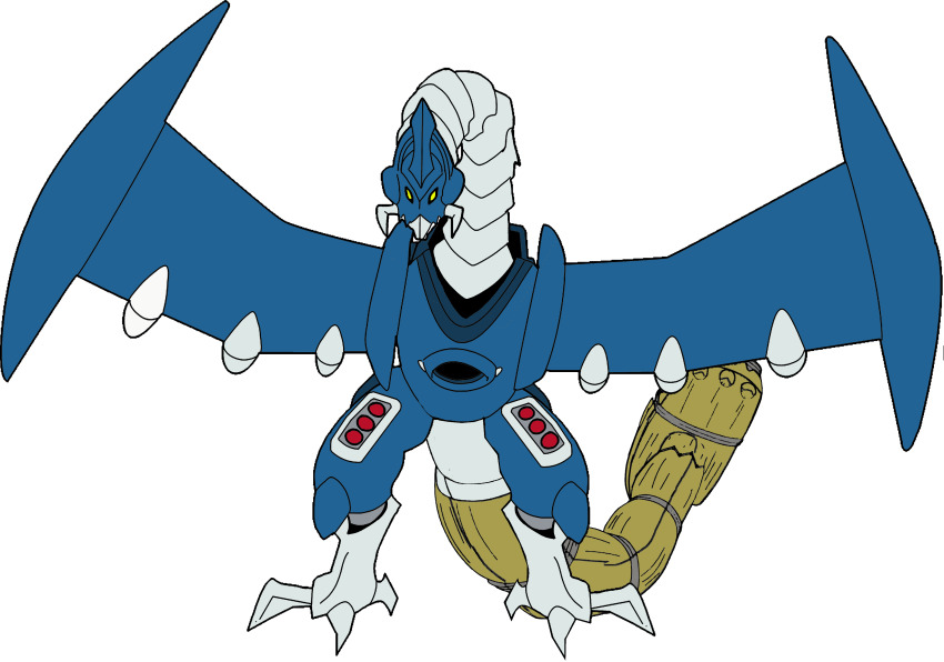 absurdres claws digimon digimon_(creature) fusion golemon highres looking_at_viewer mailbirdramon mailbirdramon_+_golemon robot solo tail wings yellow_eyes