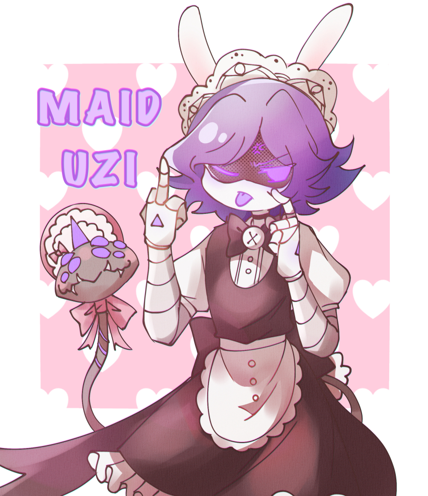 1girl apron glitch_productions highres maid_headdress middle_finger monster_tail murder_drones no_humans purple_eyes purple_hair rabbit_ears ribbon short_hair tail uzi_(murder_drones)