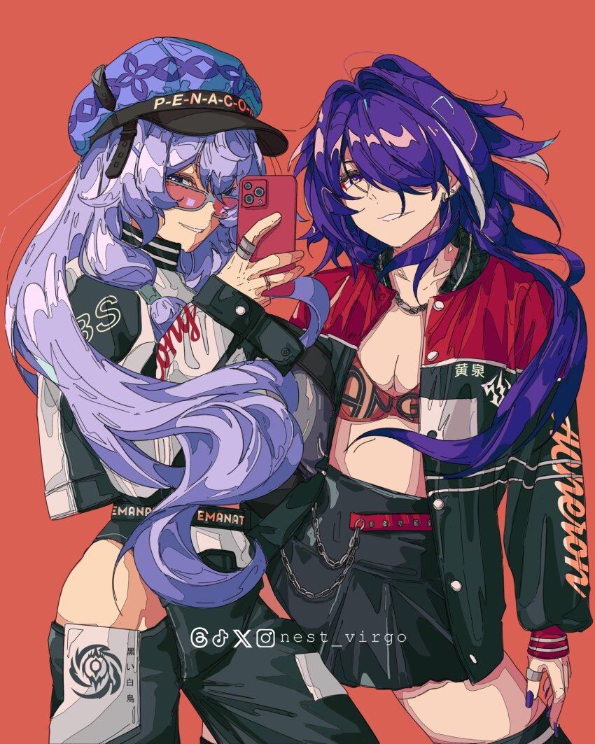 2girls :d acheron_(honkai:_star_rail) black_jacket black_pants black_skirt black_swan_(honkai:_star_rail) newsboy_cap cellphone contrapposto cowboy_shot grin hair_over_one_eye hat highres hip_vent holding holding_phone honkai:_star_rail honkai_(series) jacket jewelry long_hair looking_at_viewer multicolored_jacket multiple_girls multiple_rings nest_virgo one_eye_covered open_clothes open_jacket open_mouth orange_background pants phone purple_hair purple_headwear red_jacket red_sports_bra ring shirt sidelocks simple_background skirt smartphone smile sports_bra sunglasses teeth two-tone_jacket white_shirt yellow_eyes