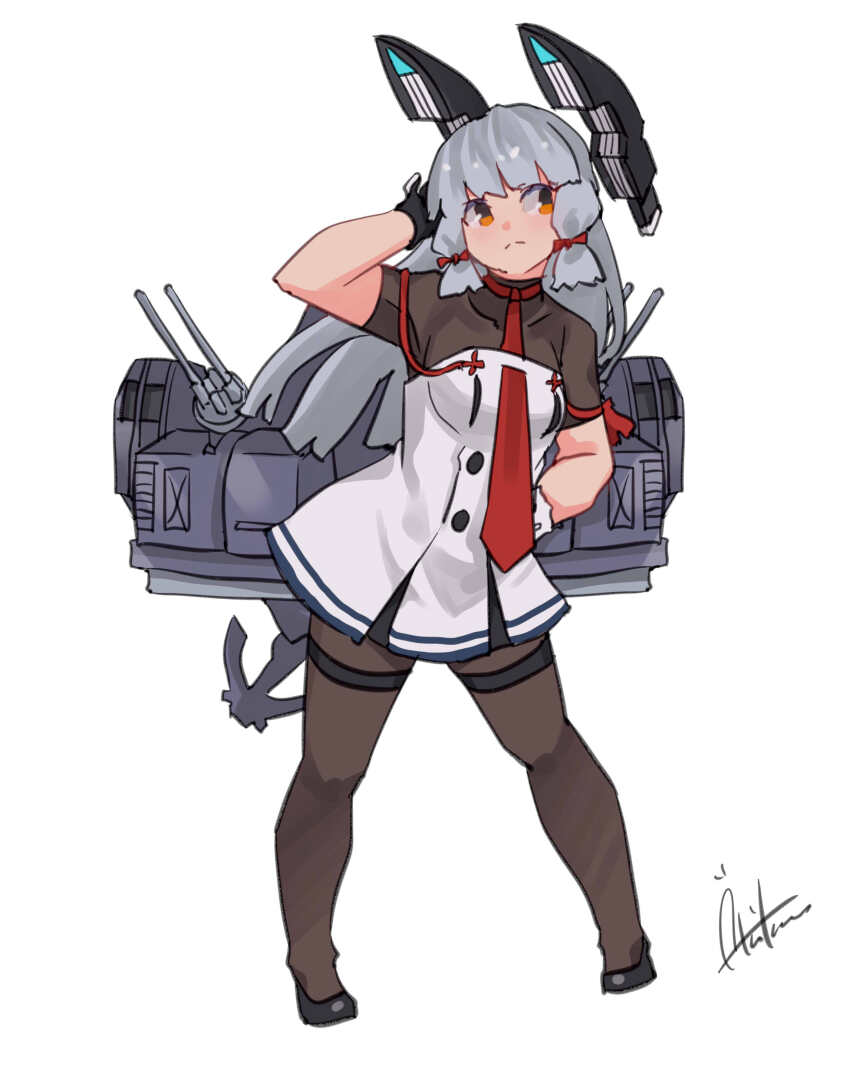 1girl absurdres black_undershirt floating_headgear full_body grey_hair hair_ribbon headgear highres inica kantai_collection long_hair murakumo_(kancolle) murakumo_kai_ni_(kancolle) necktie orange_hair pantyhose red_necktie ribbon sidelocks solo thighband_pantyhose tress_ribbon very_long_hair