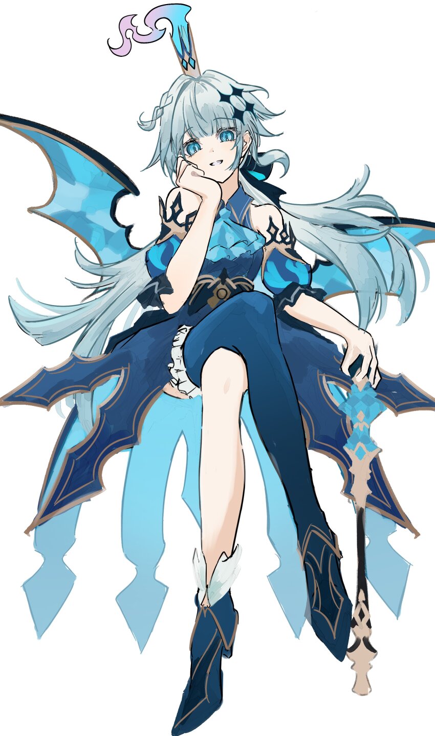 1girl absurdres aqua_eyes aqua_hair asymmetrical_legwear bare_shoulders blunt_bangs boots bow cerydra_(honkai:_star_rail) collared_dress commentary_request crossed_legs detached_sleeves dress hair_bow hair_ornament hat head_rest head_tilt highres holding holding_staff honkai:_star_rail honkai_(series) long_hair looking_at_viewer low_ponytail ponytail puffy_short_sleeves puffy_sleeves short_sleeves simple_background sitting smile solo staff teeth thighhighs uneven_legwear white_background wings wira