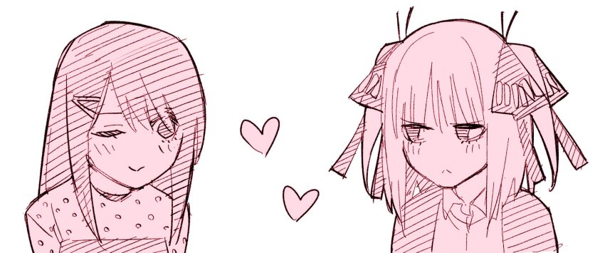 2girls blush butterfly_hair_ornament closed_mouth embarrassed go-toubun_no_hanayome hair_ornament haruba_negi heart_(symbol) jacket long_hair looking_at_another multiple_girls nakano_nino official_art one_eye_closed pink_hair school_uniform sentai_daishikkaku shirt simple_background smile usukubo_angel white_background white_shirt