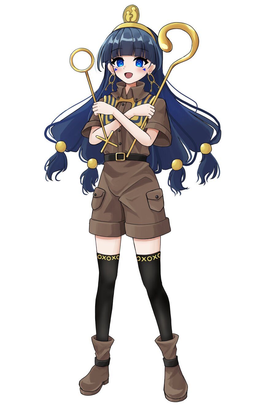 1girl absurdres belt black_thighhighs blue_eyes blue_hair brown_shirt brown_shorts collared_shirt earrings egypt facial_mark fossilized_wonders gold gold_buckle gold_hairband gold_headdress gold_headwear hairband highres holding holding_scepter jewelry key_earrings long_hair looking_at_viewer michigami_nareko scepter shirt short_sleeves shorts smile solo sphere_hair_ornament thighhighs touhou triangle triangle_facial_mark usekh_collar white_background yabuhebi1067