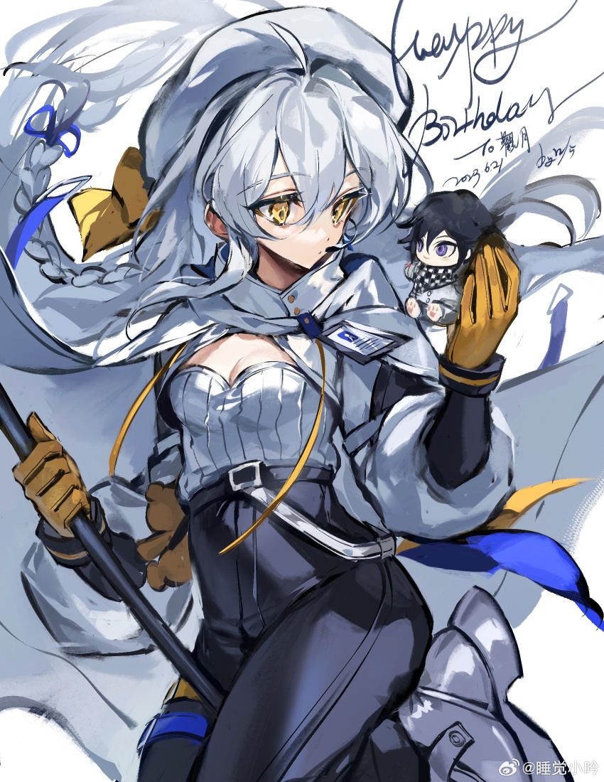 1girl :o ahoge animal_feet belt belt_buckle beret birthday black_belt black_pants black_scarf black_sleeves blue_ribbon boots braid breasts buckle buttons cape character_doll character_request checkered_clothes checkered_scarf chinese_commentary cleavage collared_cape commentary_request copyright_request danganronpa_(series) danganronpa_v3:_killing_harmony dated detached_sleeves doll eyelashes floating_hair foot_out_of_frame gloves grey_boots hair_ribbon happy_birthday hat high-waist_pants highres holding holding_doll holding_polearm holding_weapon layered_sleeves leather leather_pants leg_up long_hair long_sleeves looking_at_object name_tag oma_kokichi pants parted_lips polearm puffy_long_sleeves puffy_sleeves purple_eyes purple_hair ribbon scarf shirt short_hair simple_background single_braid small_breasts solo strapless tube_top two-tone_scarf very_long_hair watermark weapon weibo_watermark white_background white_cape white_hat white_pants white_scarf white_shirt white_sleeves white_tube_top yellow_eyes yellow_gloves zi_yin