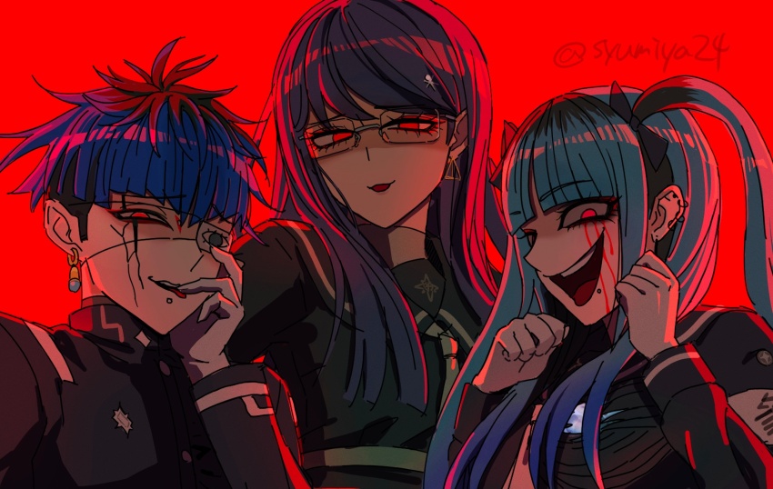 1boy 2girls amemiya_darumi armband black_hair blue_hair bow cracked_skin earrings eye_print eyeliner eyepatch face_piercing fingernails gakuran glasses gloves grin hair_bow hair_ornament hand_on_own_face hands_up highres hole_in_chest hole_on_body jewelry labret_piercing last_defense_academy_school_uniform long_hair looking_at_viewer makeup multicolored_hair multiple_girls omokage_yugamu open_mouth piercing print_eyepatch red_background red_eyeliner red_eyes school_uniform serafuku sharp_fingernails shizuhara_hiruko short_hair simple_background smile the_hundred_line_-last_defense_academy- tongue tongue_out twintails twitter_username white_gloves zhu_gong