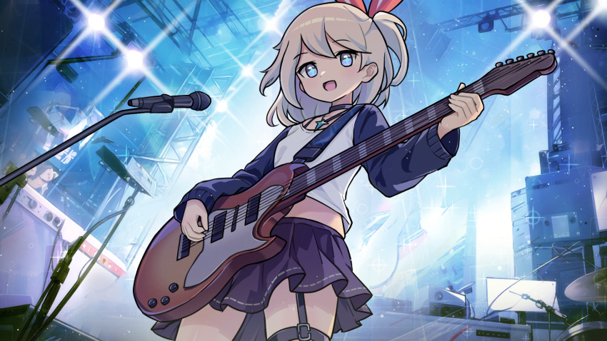 +_+ 1girl black_skirt blue_eyes choker cymbals electric_guitar garter_straps gibson_les_paul guitar highres holding holding_instrument instrument jewelry light_particles microphone microphone_stand midriff_peek music mwm5 necklace one_side_up open_mouth playing_guitar playing_instrument raglan_sleeves red_ribbon ribbon shirt single_garter_strap skirt solo speaker stage stage_lights stella_(world_flipper) white_shirt world_flipper