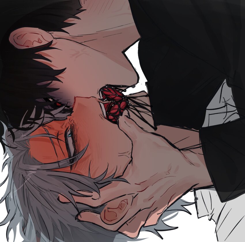 2boys alien_stage black_blood black_eyes black_hair black_shirt blood commentary green_eyes grey_hair hand_on_another&#039;s_face hashtag-only_commentary highres ivan_(alien_stage) male_focus multiple_boys red_pupils shirt short_hair till_(alien_stage) veins wannwari yaoi