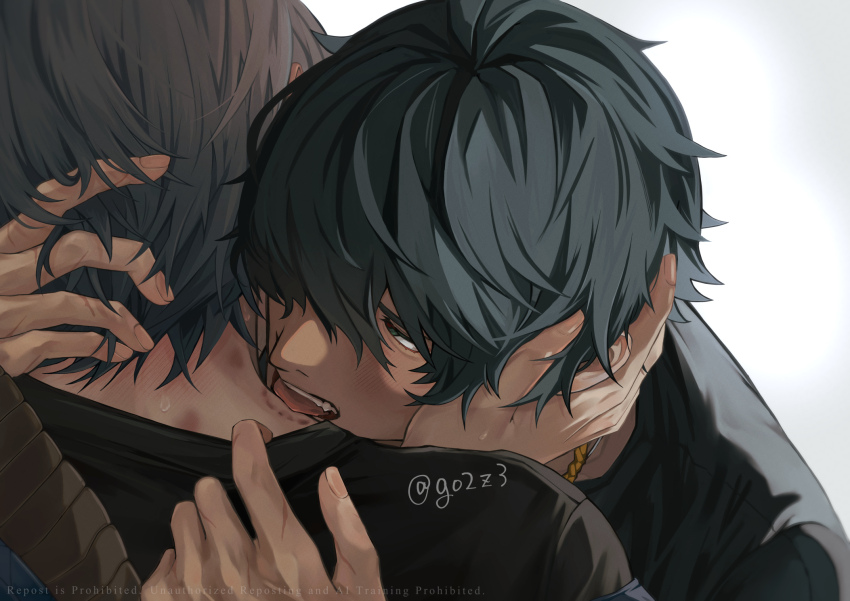 2boys bite_mark bite_mark_on_neck biting black_shirt blue_jacket blush commentary_request from_behind gogo_(go2z3) green_eyes grey_hair hair_over_one_eye hand_on_another&#039;s_back hand_on_another&#039;s_face hand_on_another&#039;s_head head_hug highres hug jacket lighter_(zenless_zone_zero) looking_at_another male_focus multiple_boys open_mouth red_pupils shirt short_hair tongue twitter_username upper_body white_background wise_(zenless_zone_zero) yaoi zenless_zone_zero
