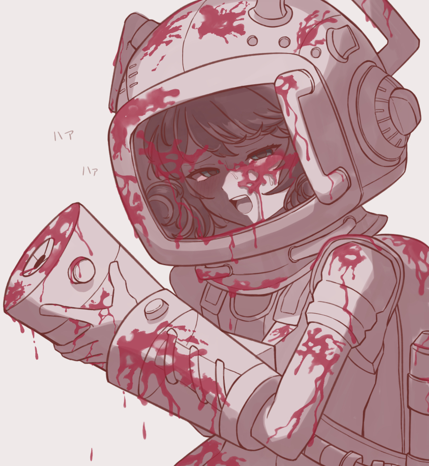 1girl absurdres arm_cannon blood blood_on_clothes blood_on_helmet bloody_weapon blue_eyes brown_background brown_theme diving_helmet half-closed_eyes hands_up helmet highres jetpack jumpsuit looking_at_viewer masei_shibou monochrome official_alternate_costume open_mouth reverse:1999 solo spathodea_(onwards_to_victory)_(reverse:1999) spathodea_(reverse:1999) spot_color upper_body weapon