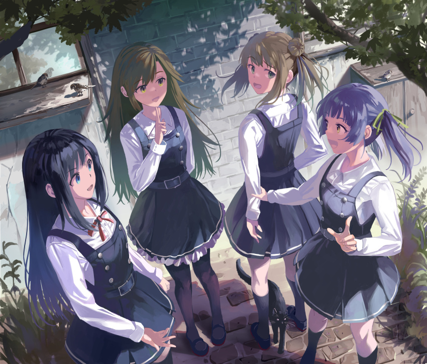 4girls arashio_(kancolle) arashio_kai_ni_(kancolle) asashio_(kancolle) asashio_kai_ni_(kancolle) belt black_hair black_pantyhose black_skirt black_socks blonde_hair blue_eyes brown_eyes brown_hair choker double_bun donut_hair_bun dress frilled_skirt frills from_above green_eyes hair_bun highres kantai_collection kneehighs long_hair looking_at_another looking_back mat_(seiga38529) michishio_(kancolle) michishio_kai_ni_(kancolle) multiple_girls ooshio_(kancolle) ooshio_kai_ni_(kancolle) open_mouth outdoors pantyhose pinafore_dress purple_eyes purple_hair red_choker shirt skirt sleeveless sleeveless_dress socks standing suspender_skirt suspenders twintails white_shirt