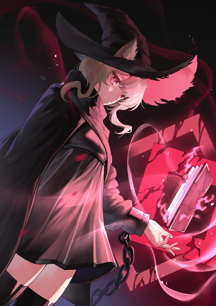 1girl absurdres animal_ears arknights black_dress black_hat black_jacket black_thighhighs blonde_hair book cat_ears chain closed_mouth cowboy_shot dress ears_through_headwear floating floating_book floating_object hat haze_(arknights) highres jacket jhini long_sleeves looking_at_viewer medium_hair originium_arts_(arknights) pink_eyes solo thighhighs witch_hat