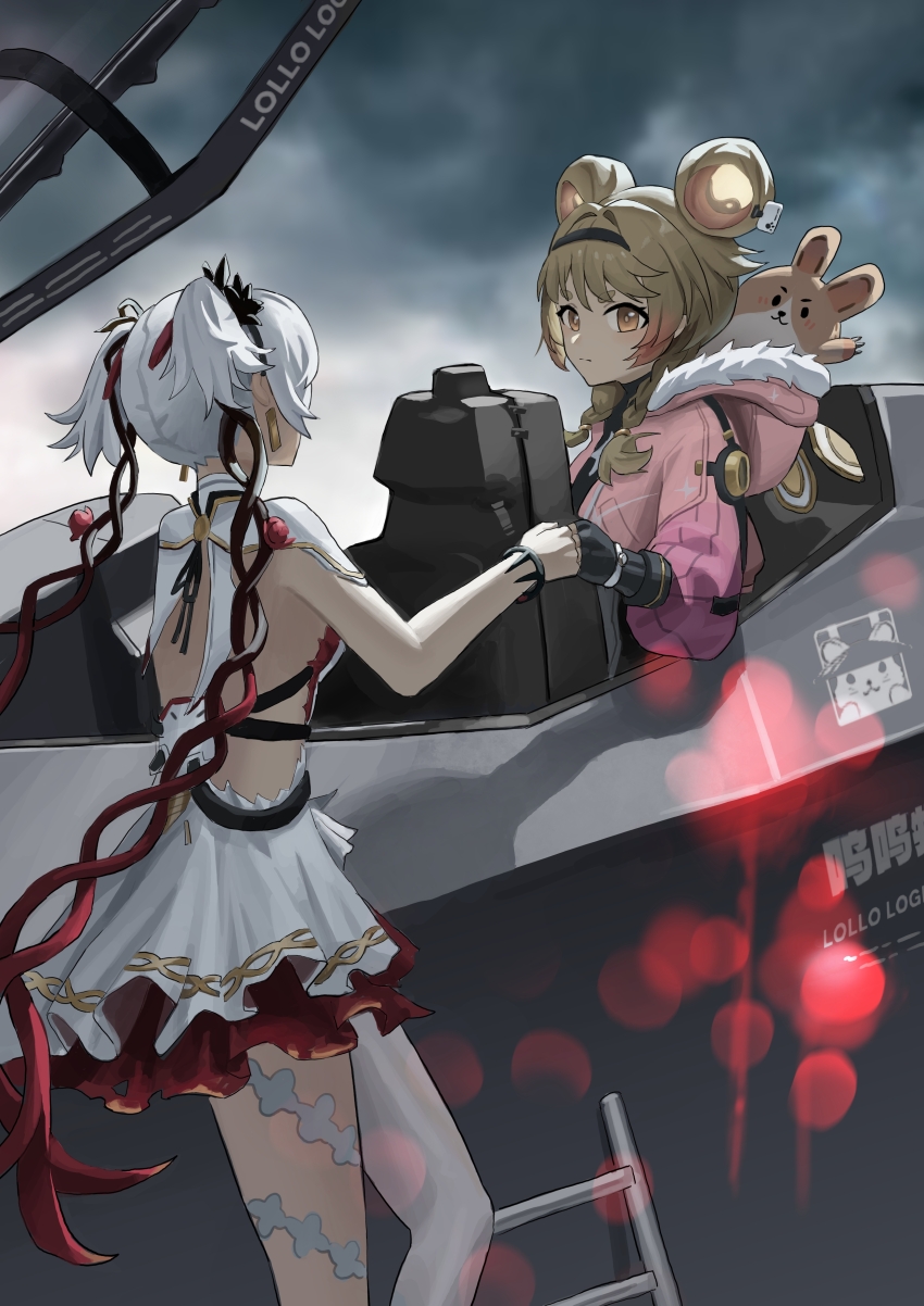 2girls absurdres asymmetrical_clothes brown_hair camellya_(wuthering_waves) chen_qixing chinese_commentary commentary_request dress earrings fist_bump fur-trimmed_jacket fur_trim gold_earrings hair_vines highres jacket jewelry lumi_(wuthering_waves) multiple_girls outdoors pants pink_jacket short_hair sideless_dress single_pantsleg white_dress white_hair white_pants wuthering_waves