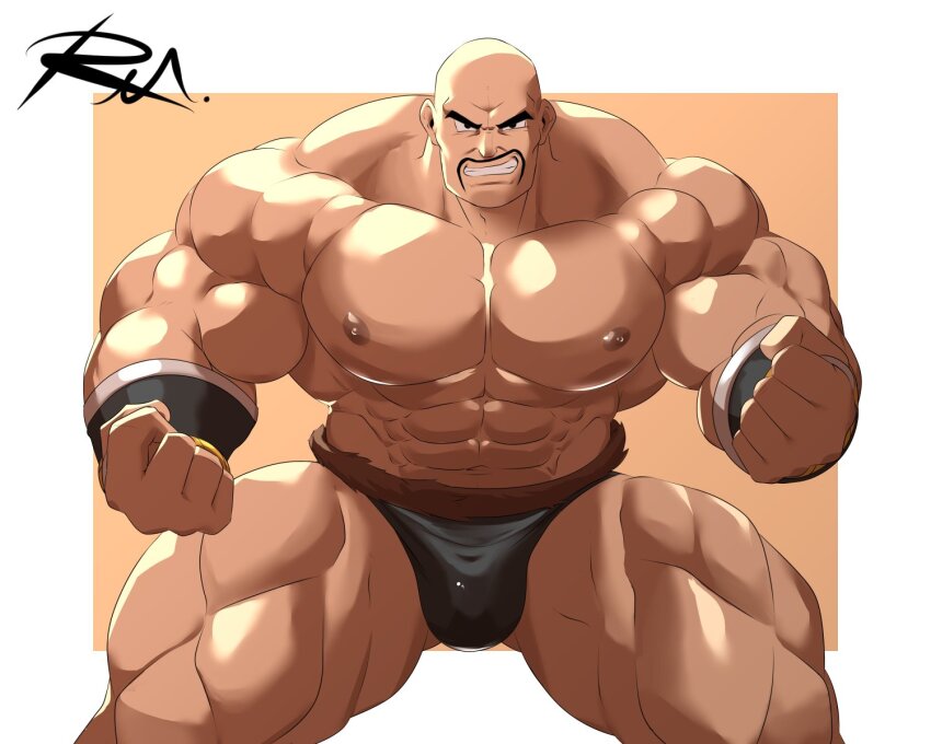 1boy abs bald bara briefs clenched_hands commentary dragon_ball dragonball_z english_commentary facial_hair grin highres large_pectorals male_focus male_underwear muscular muscular_male mustache nappa navel nipples pectorals reclamon signature simple_background smile solo tail_around_waist thick_thighs thighs topless_male underwear underwear_only